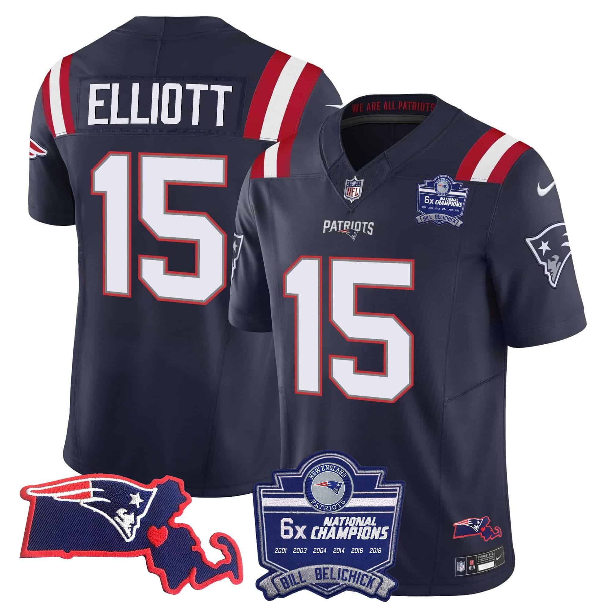 Men New England Patriots #15 Elliott Dark blue 2024 Nike 6x Champions Patch Vapor Limited NFL Jersey style 1